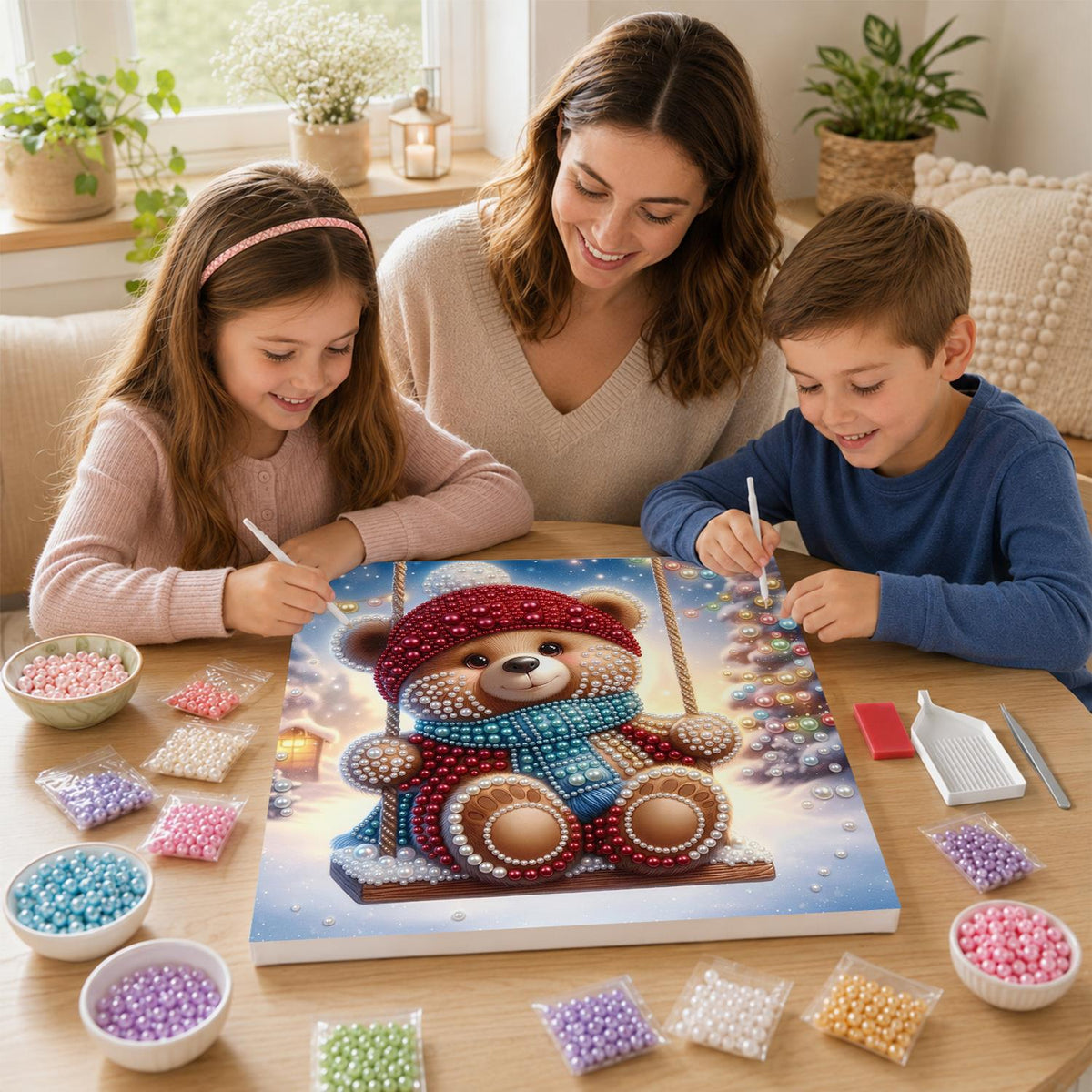 Bobble-Hat Teddy on a Swing pearl painting – image 15