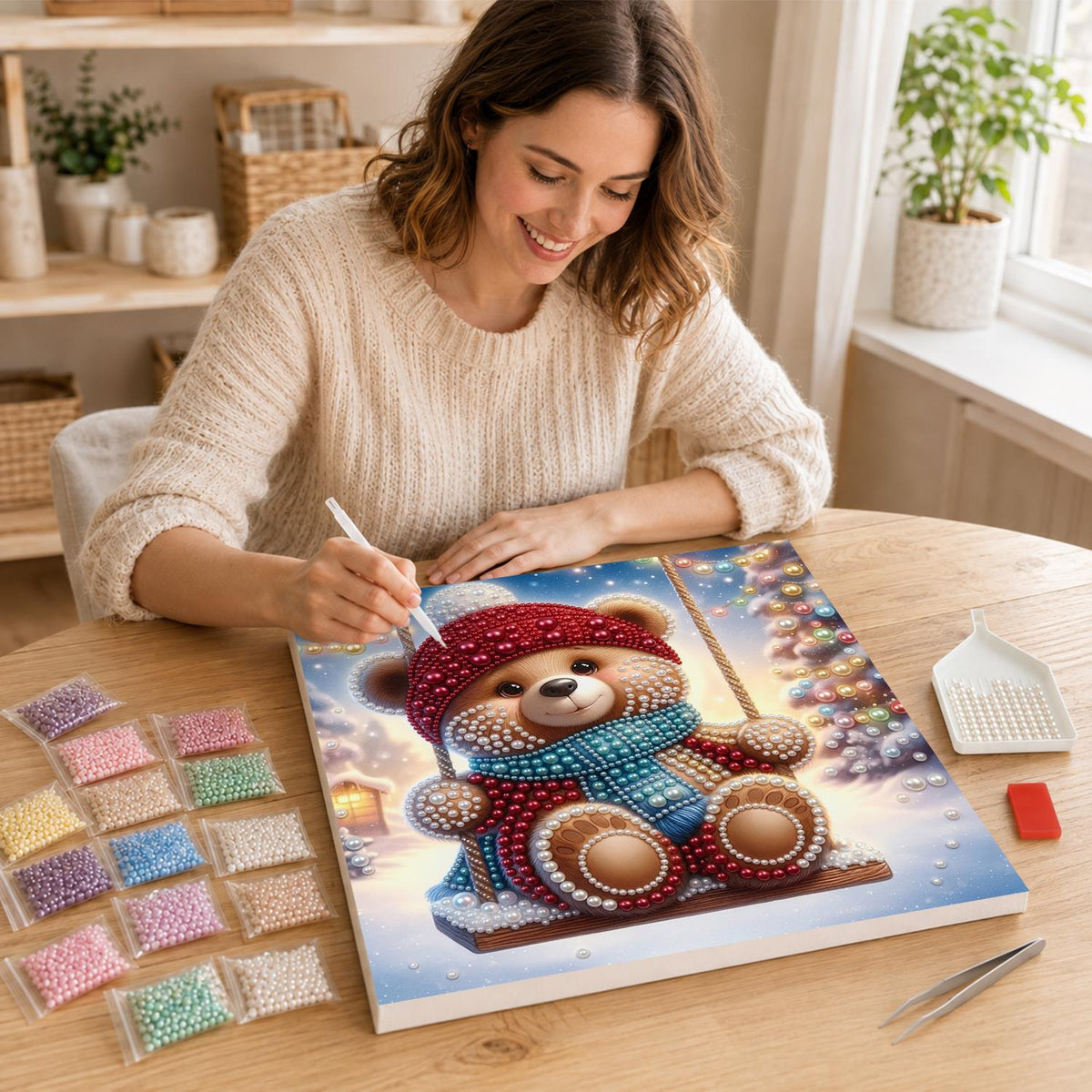 Bobble-Hat Teddy on a Swing pearl painting – image 16