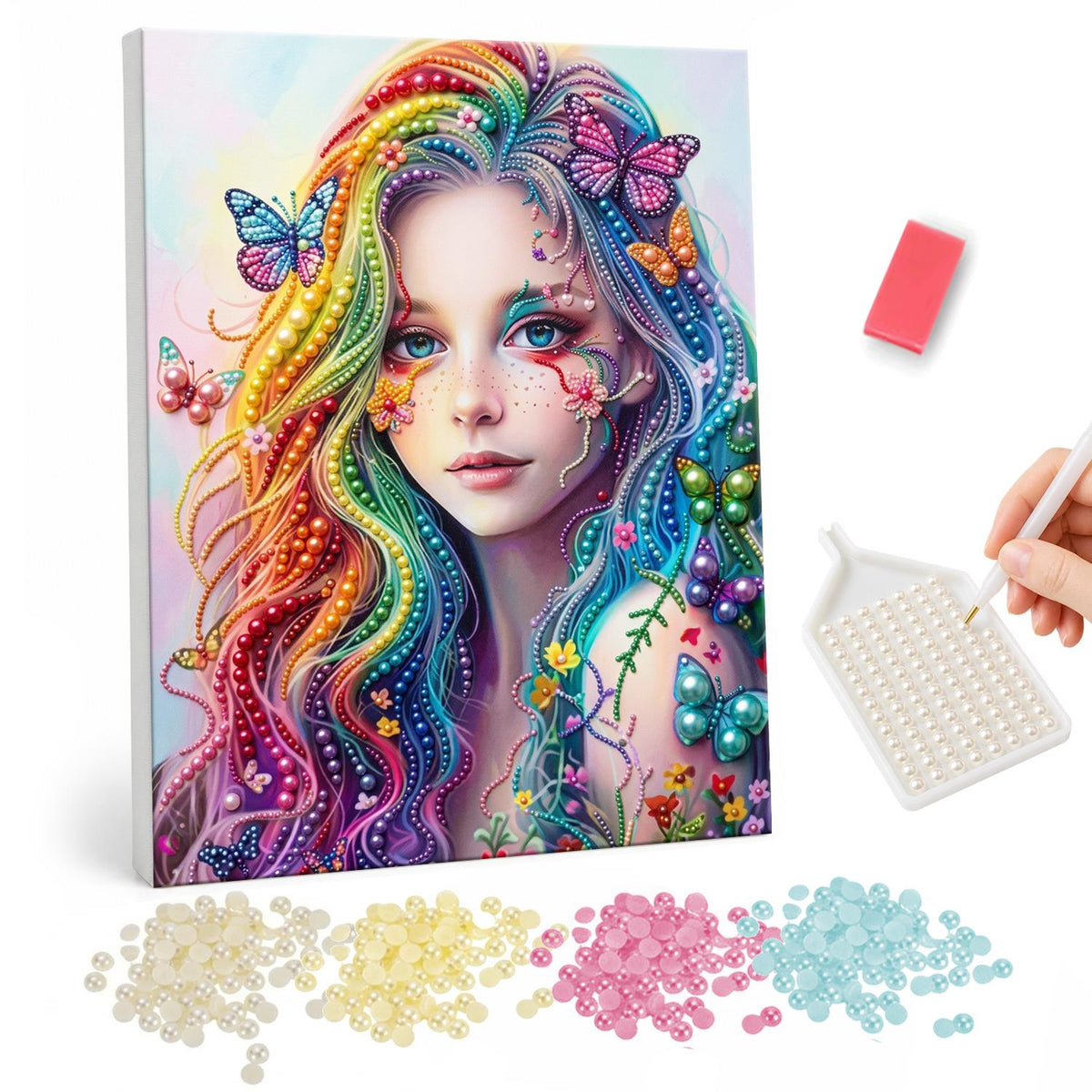 Prismatic Curls and Butterflies pearl painting – Young woman with long rainbow curls and butterflies in her hair and on her face