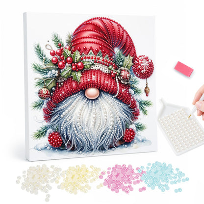 Holly-Crowned Christmas Gnome pearl painting – Round gnome with a long white beard and red hat trimmed with holly, berries and pine on white