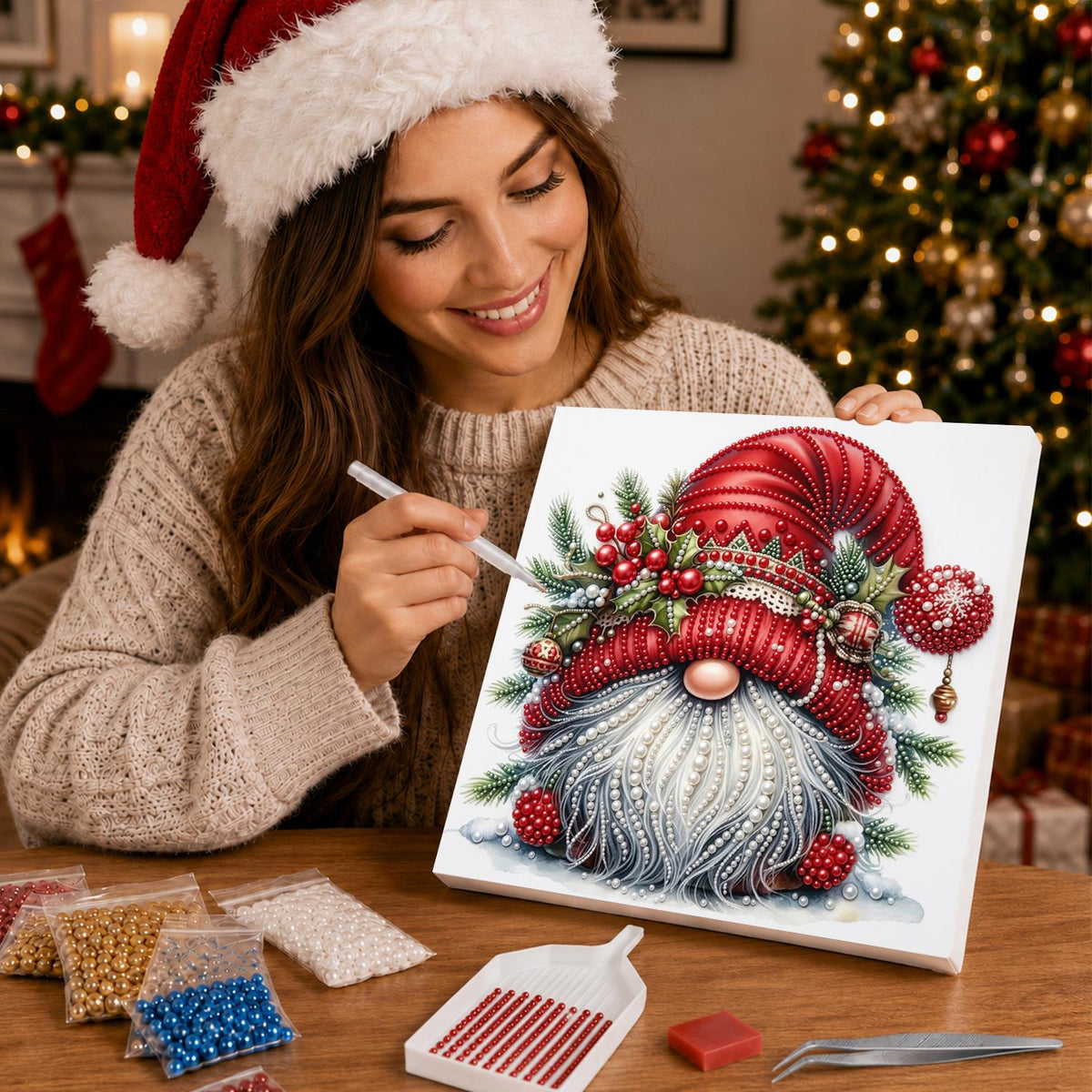 Holly-Crowned Christmas Gnome pearl painting – image 16