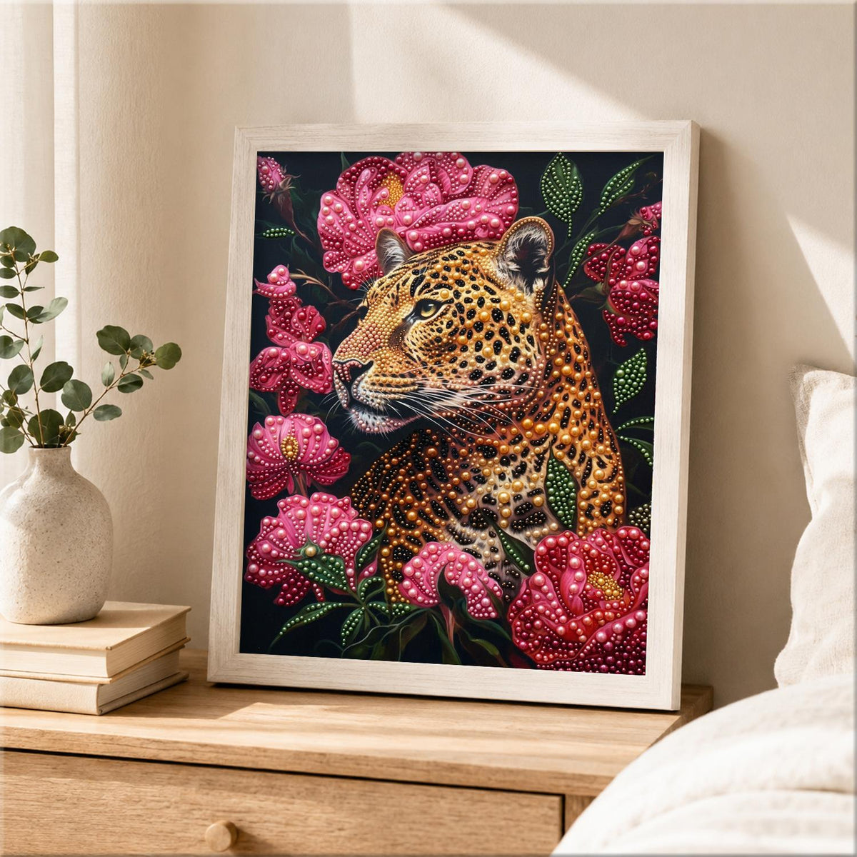 Leopard in Pink Peony Bloom pearl painting – image 2