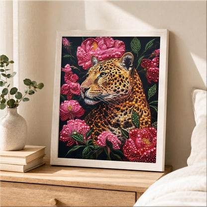Leopard in Pink Peony Bloom pearl painting – image 2