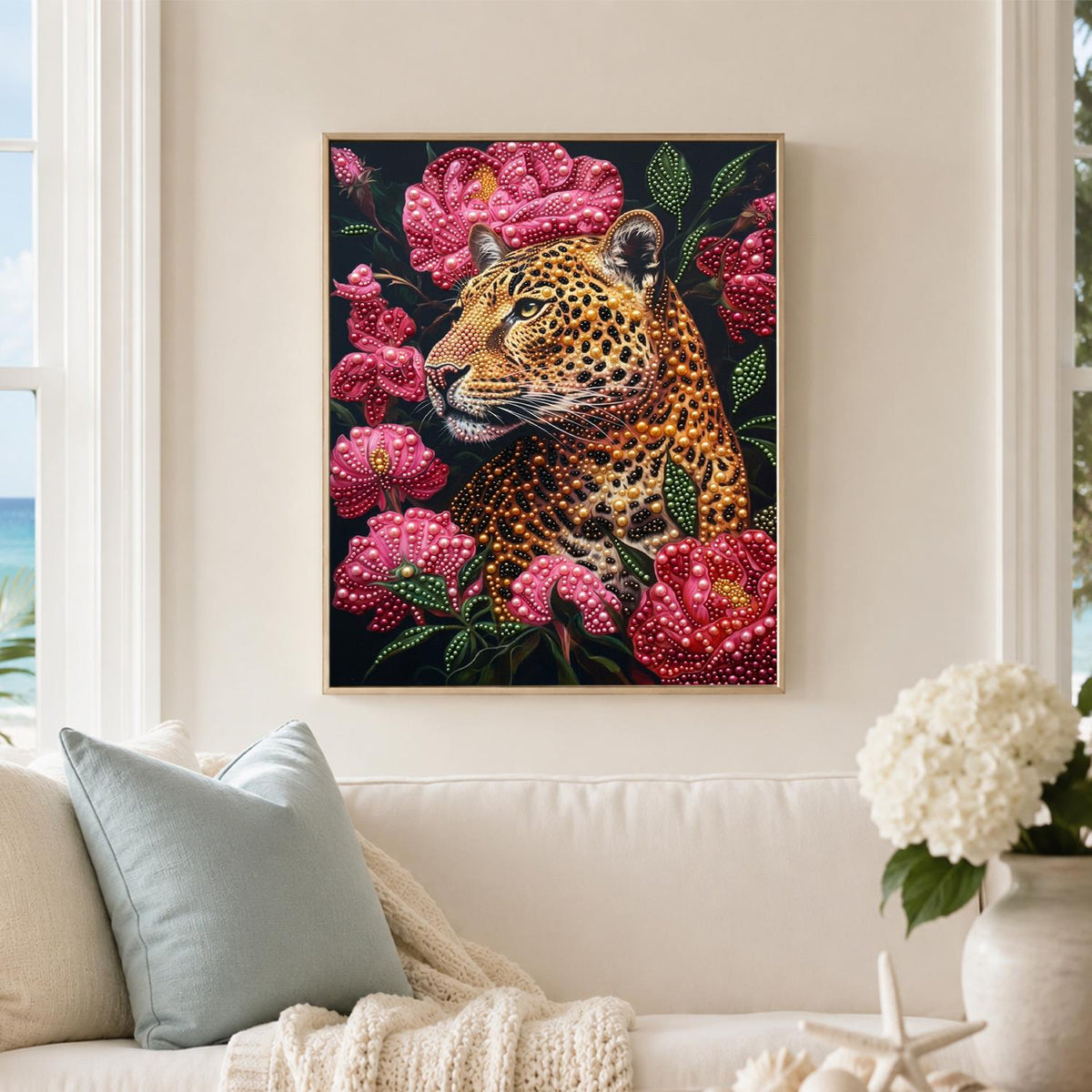Leopard in Pink Peony Bloom pearl painting – image 3