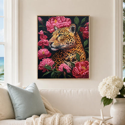 Leopard in Pink Peony Bloom pearl painting – image 3