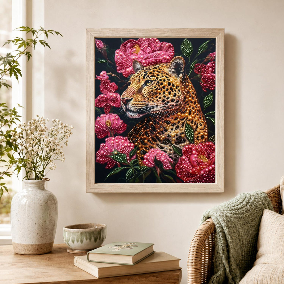 Leopard in Pink Peony Bloom pearl painting – image 4
