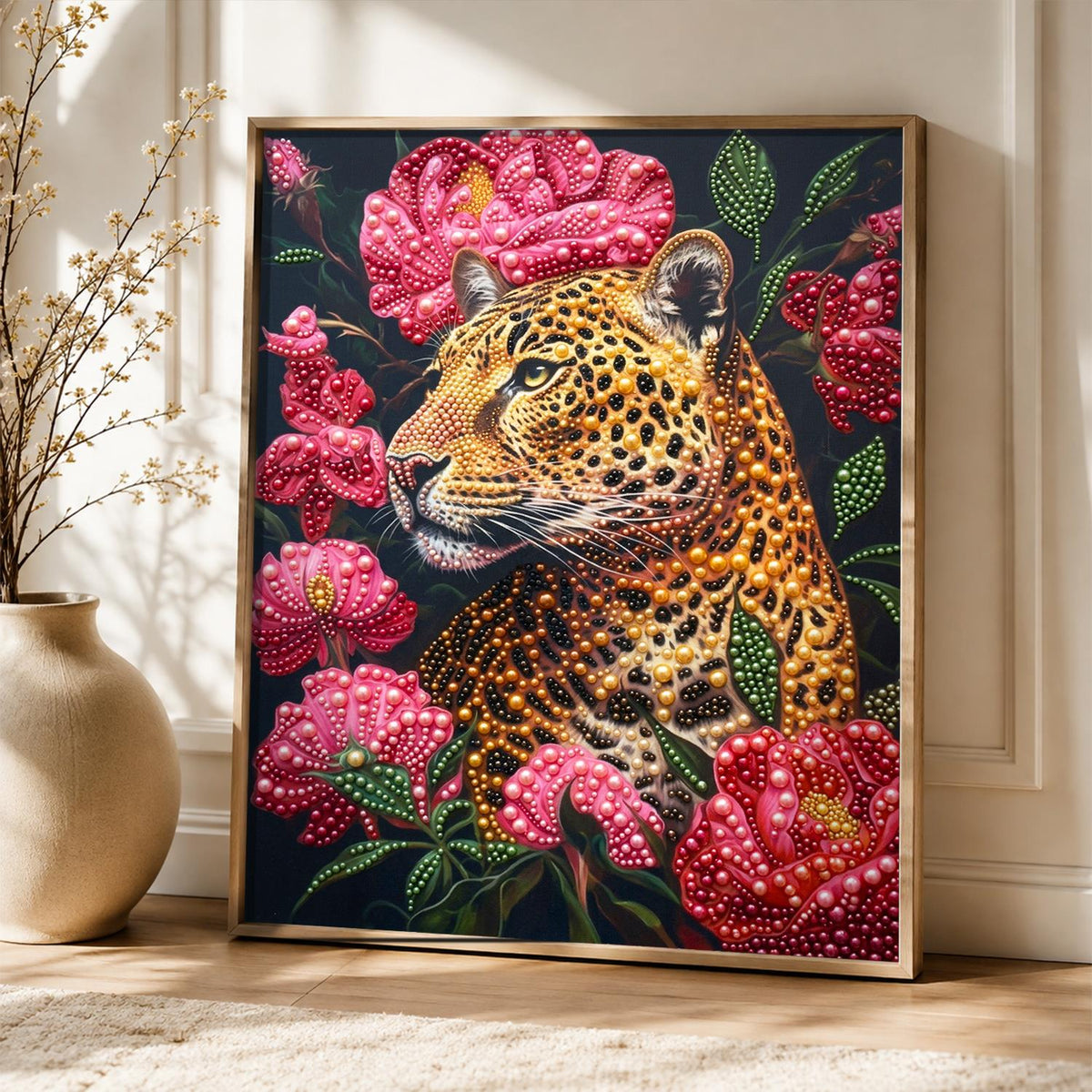 Leopard in Pink Peony Bloom pearl painting – image 5