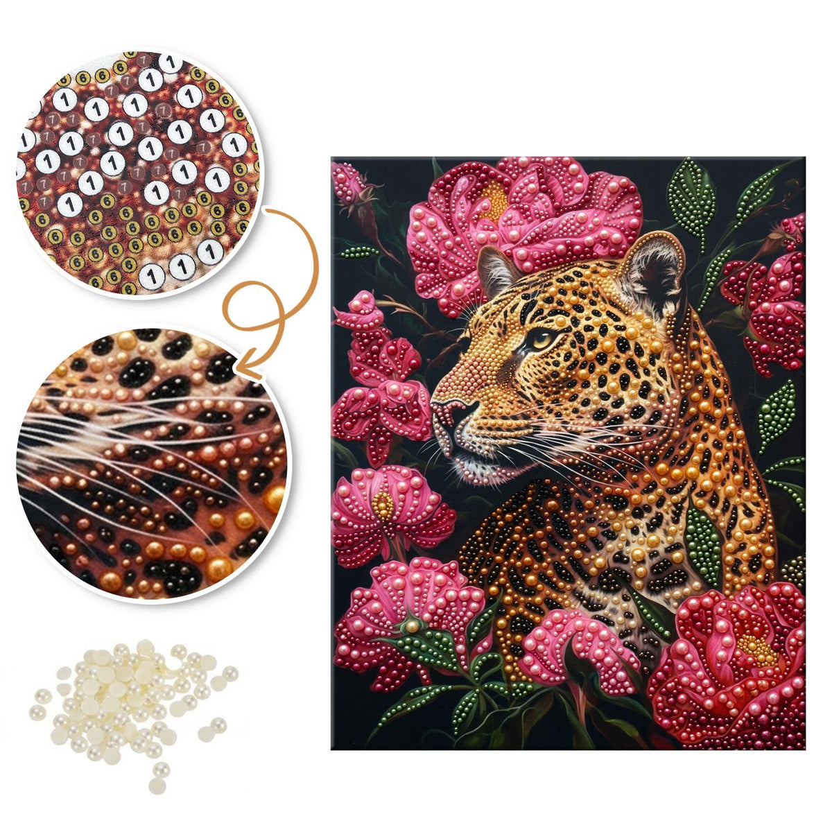 Leopard in Pink Peony Bloom pearl painting – image 6