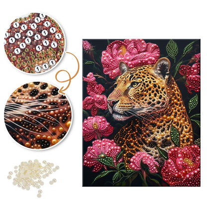 Leopard in Pink Peony Bloom pearl painting – image 6