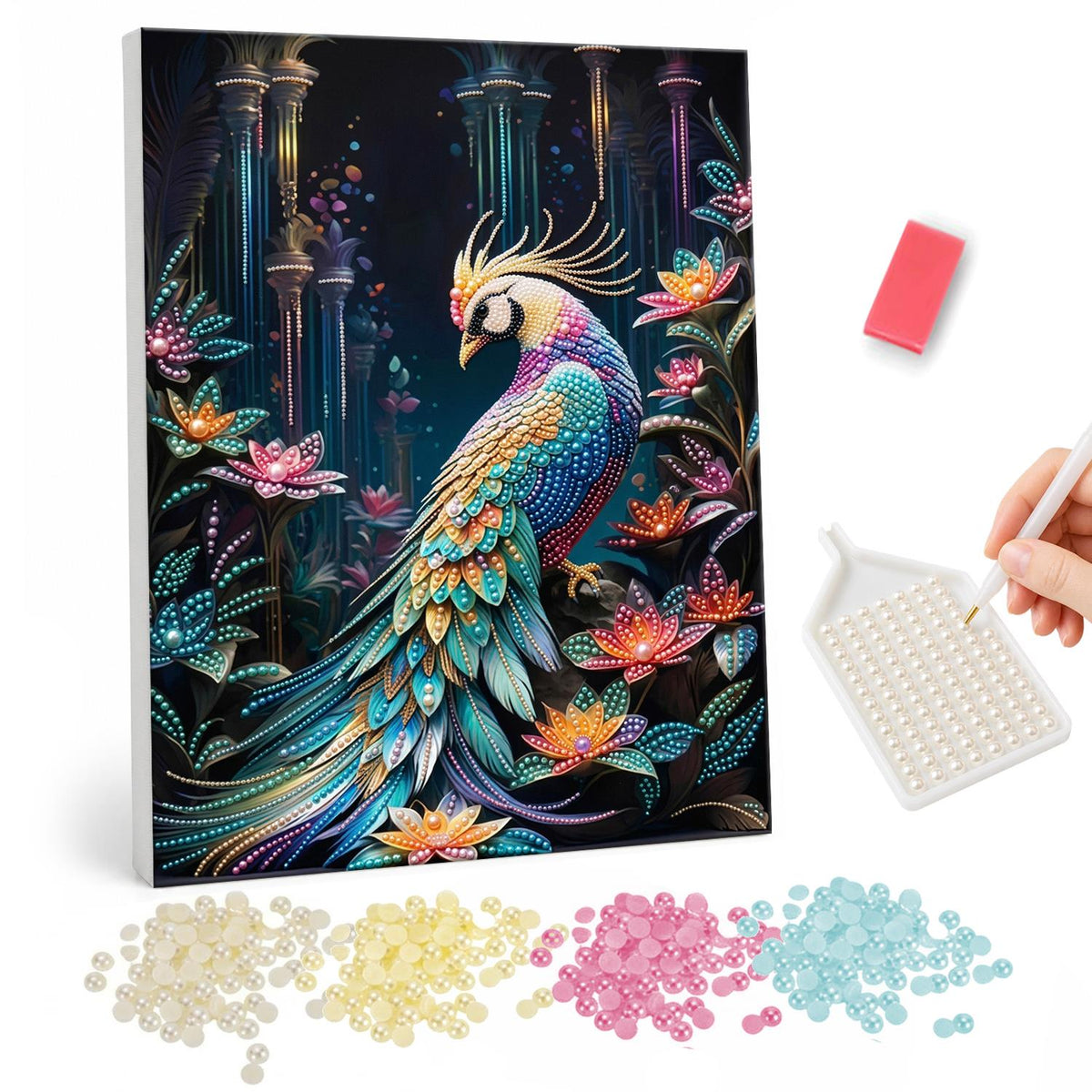 Peacock in a Lotus Garden pearl painting – Peacock with a long jeweled tail among pink lotus flowers in a dark garden with columns