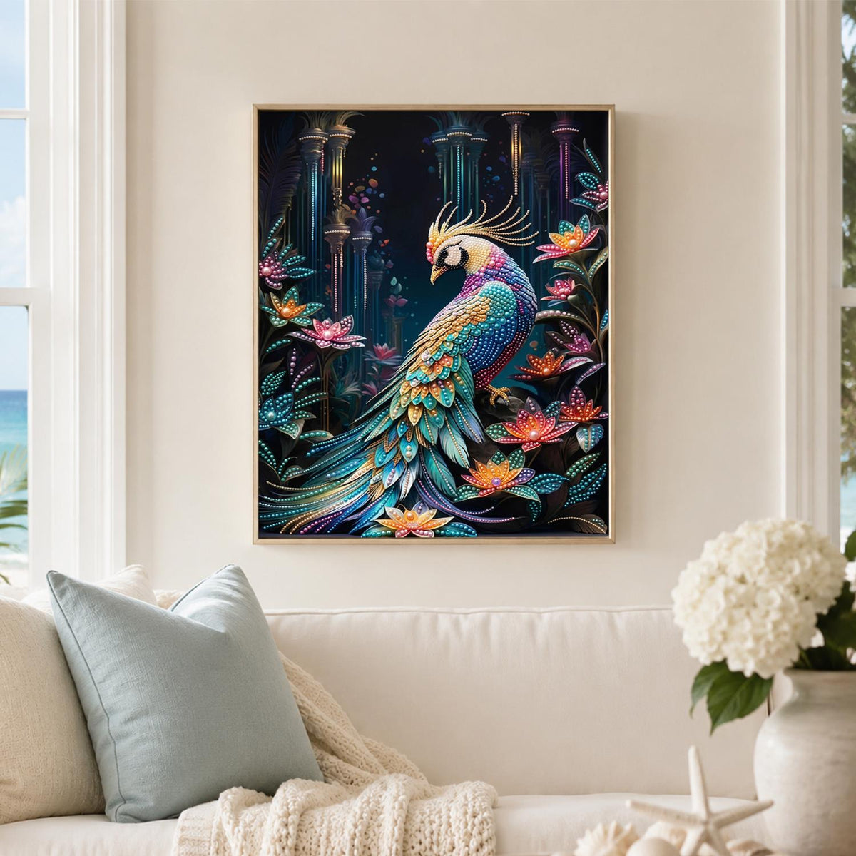 Peacock in a Lotus Garden pearl painting – image 3