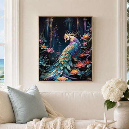 Peacock in a Lotus Garden pearl painting – image 3