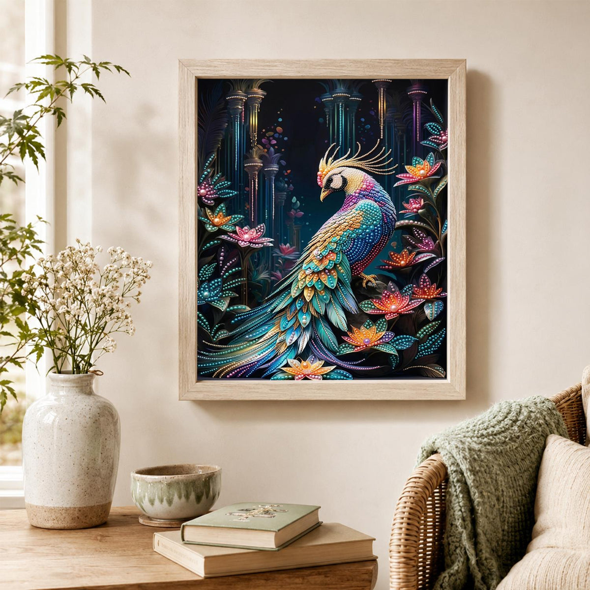 Peacock in a Lotus Garden pearl painting – image 4