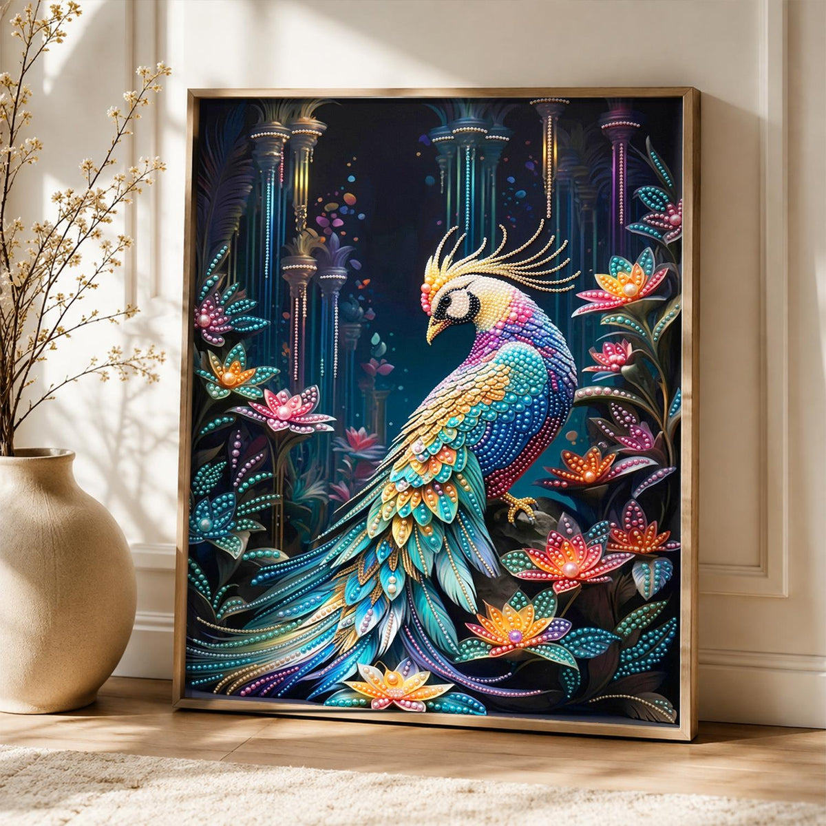 Peacock in a Lotus Garden pearl painting – image 5