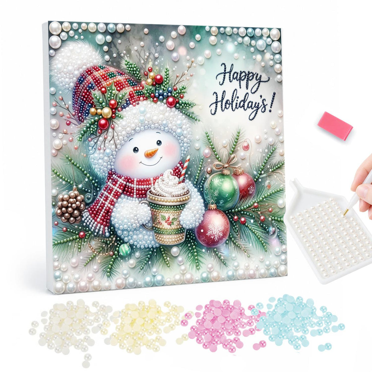 Plaid-Hat Snowman with Latte pearl painting – Snowman in a plaid hat and scarf holding a takeaway cup among baubles under Happy Holidays text