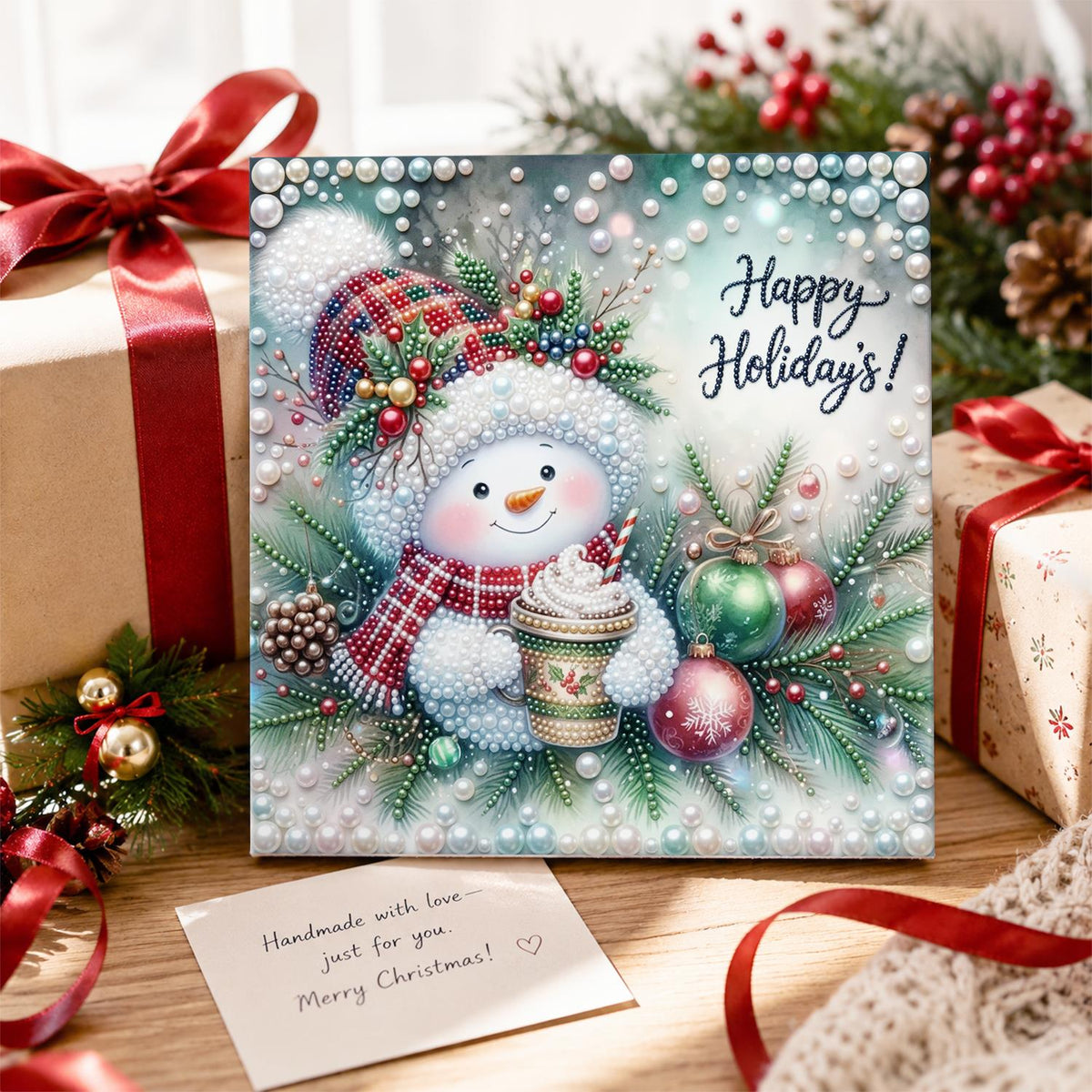 Plaid-Hat Snowman with Latte pearl painting – image 2