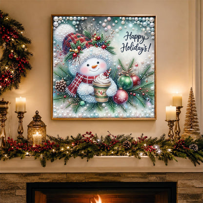 Plaid-Hat Snowman with Latte pearl painting – image 3