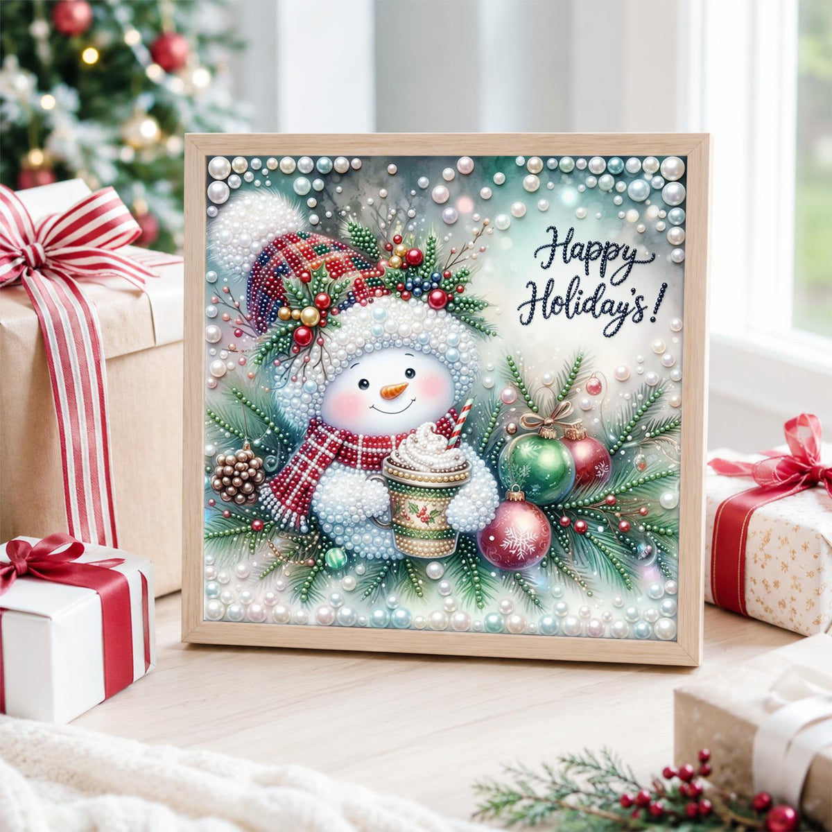 Plaid-Hat Snowman with Latte pearl painting – image 4