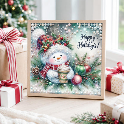 Plaid-Hat Snowman with Latte pearl painting – image 4