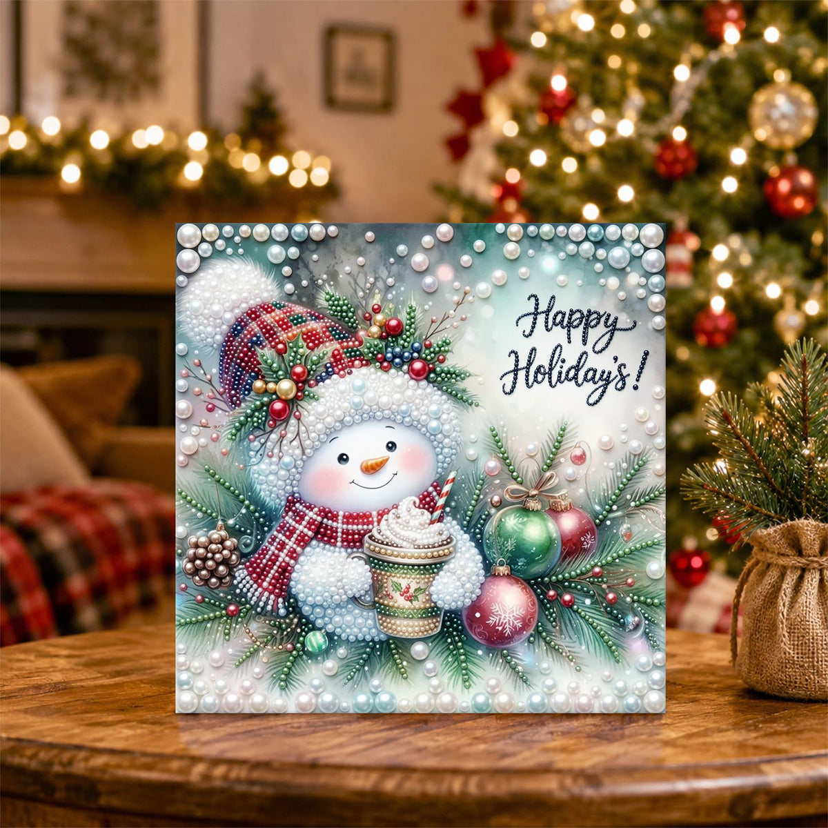 Plaid-Hat Snowman with Latte pearl painting – image 5
