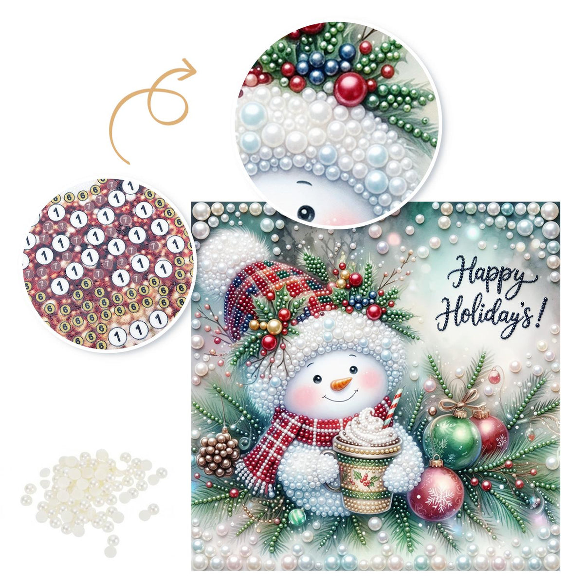 Plaid-Hat Snowman with Latte pearl painting – image 6