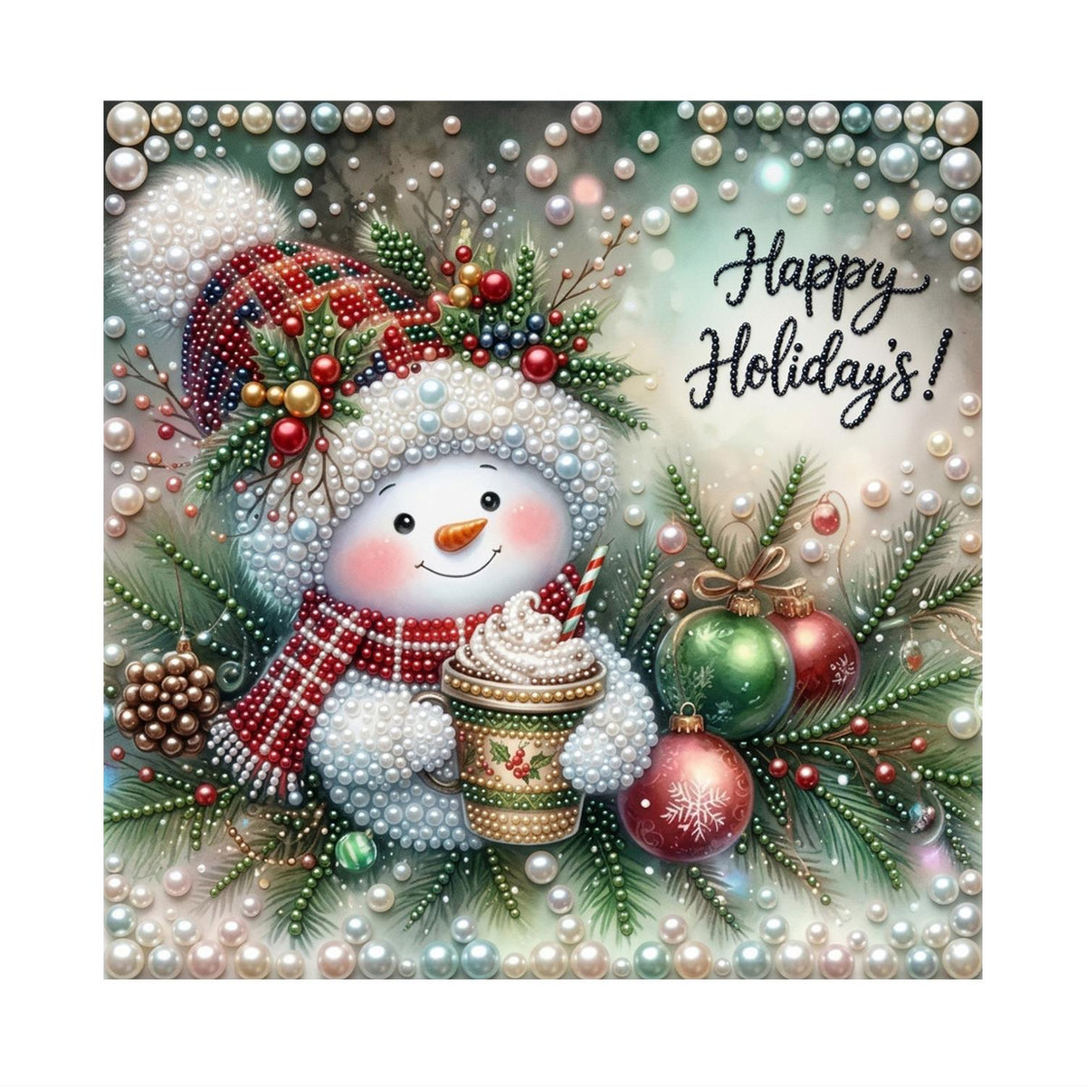 Plaid-Hat Snowman with Latte pearl painting – image 11
