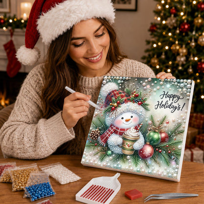 Plaid-Hat Snowman with Latte pearl painting – image 16