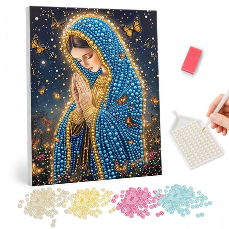 Praying Woman in Blue Pearl Veil Painting pearl painting – image 1
