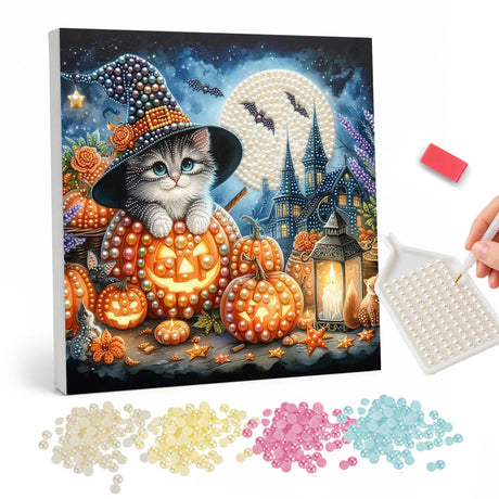 Halloween Cat and Pumpkins pearl painting – image 1