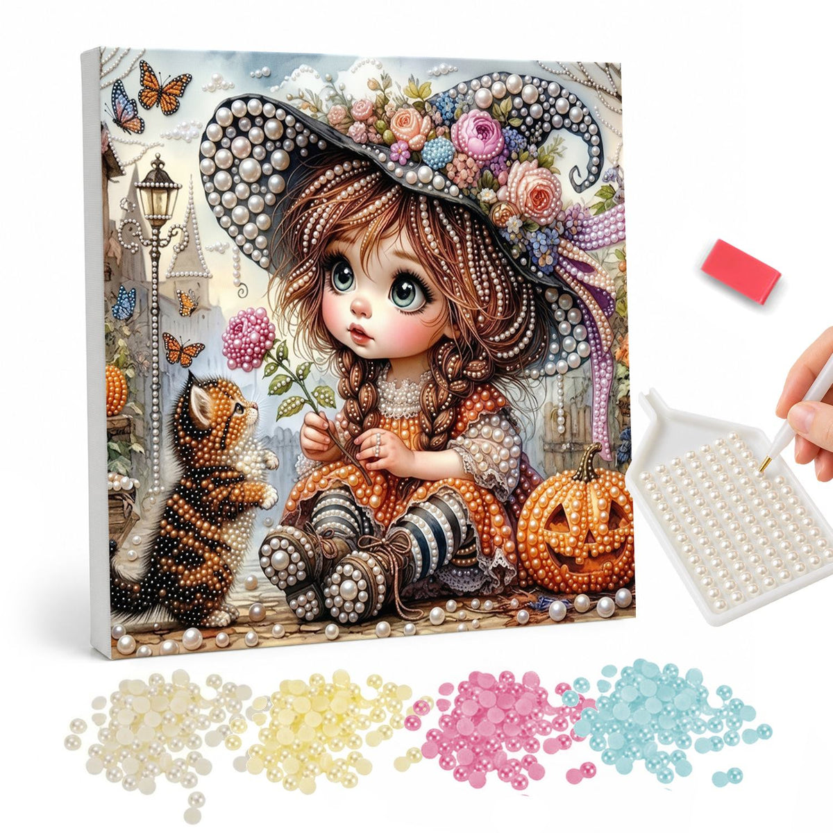 Big-Eyed Girl and Tabby Cat pearl painting – Big-eyed girl in a flower-trimmed witch hat sitting with a tabby cat beside a jack-o'-lantern and butterflies