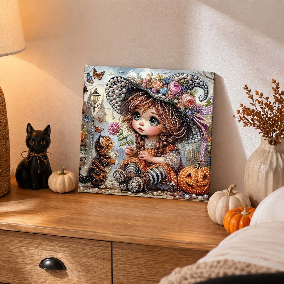 Big-Eyed Girl and Tabby Cat pearl painting – image 2