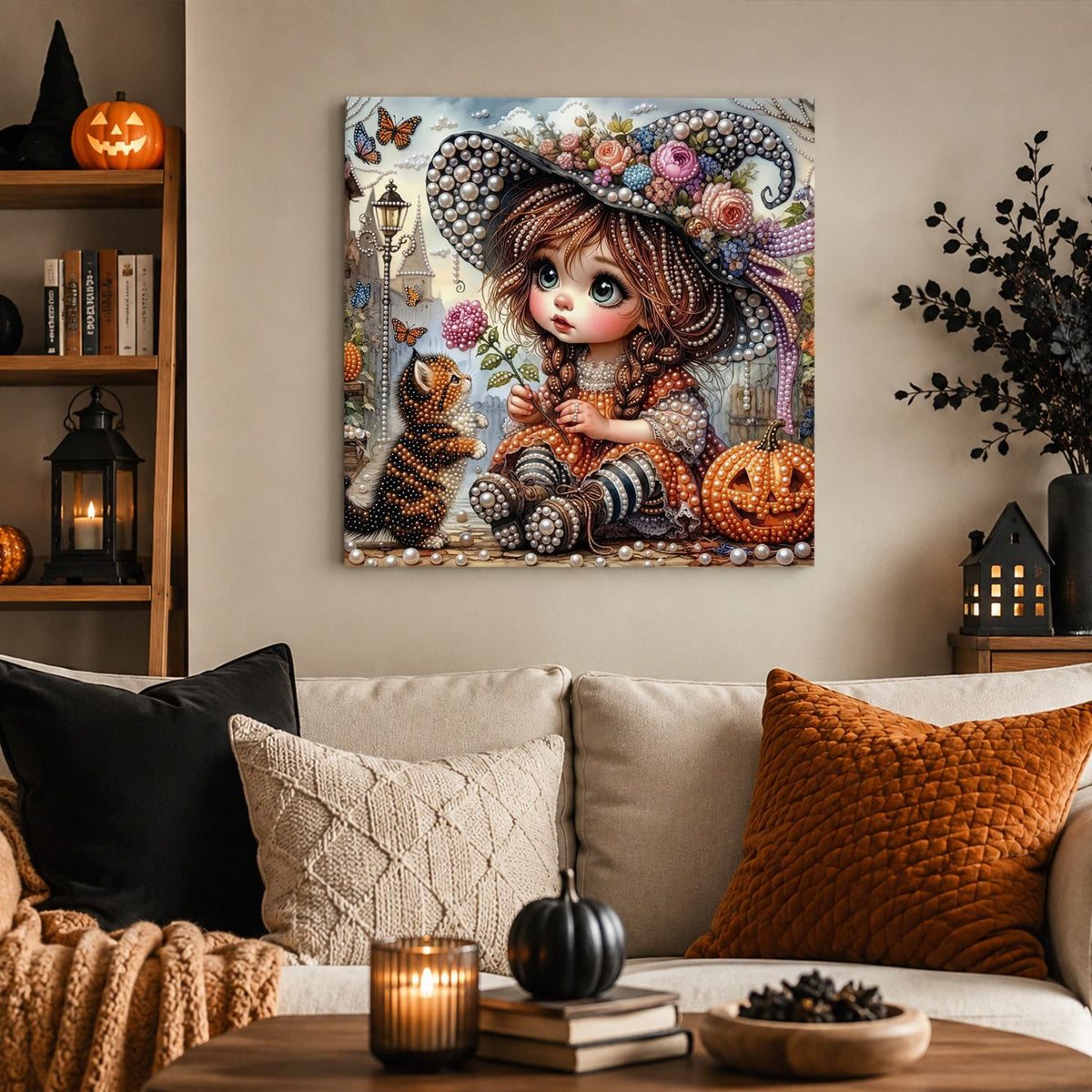 Big-Eyed Girl and Tabby Cat pearl painting – image 3