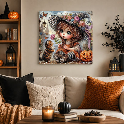 Big-Eyed Girl and Tabby Cat pearl painting – image 3