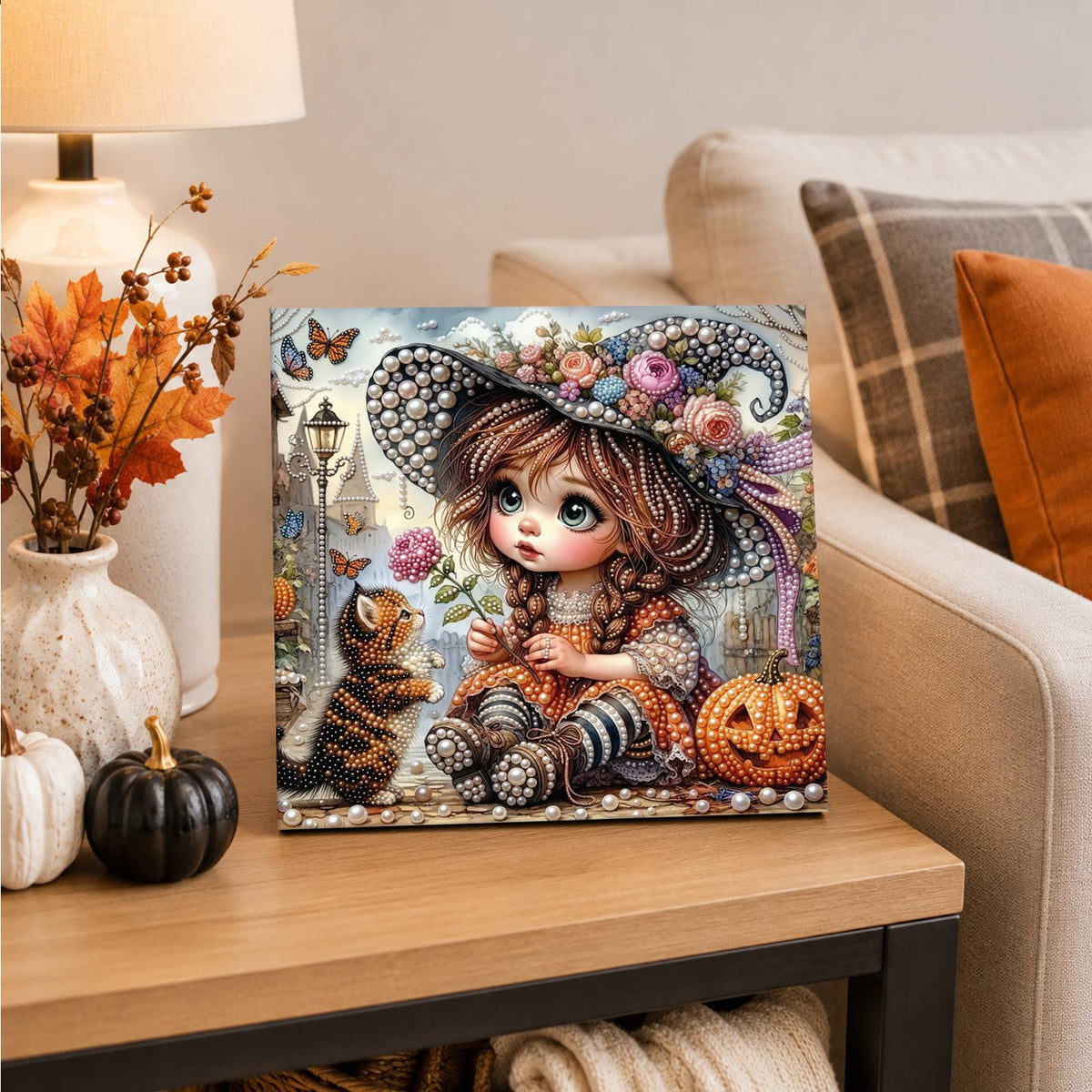 Big-Eyed Girl and Tabby Cat pearl painting – image 4
