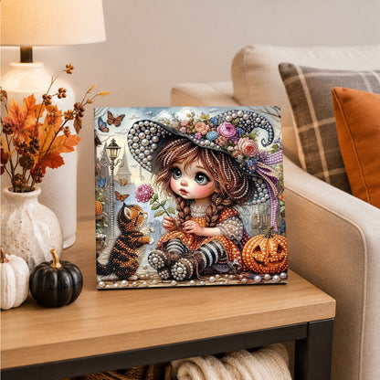 Big-Eyed Girl and Tabby Cat pearl painting – image 4