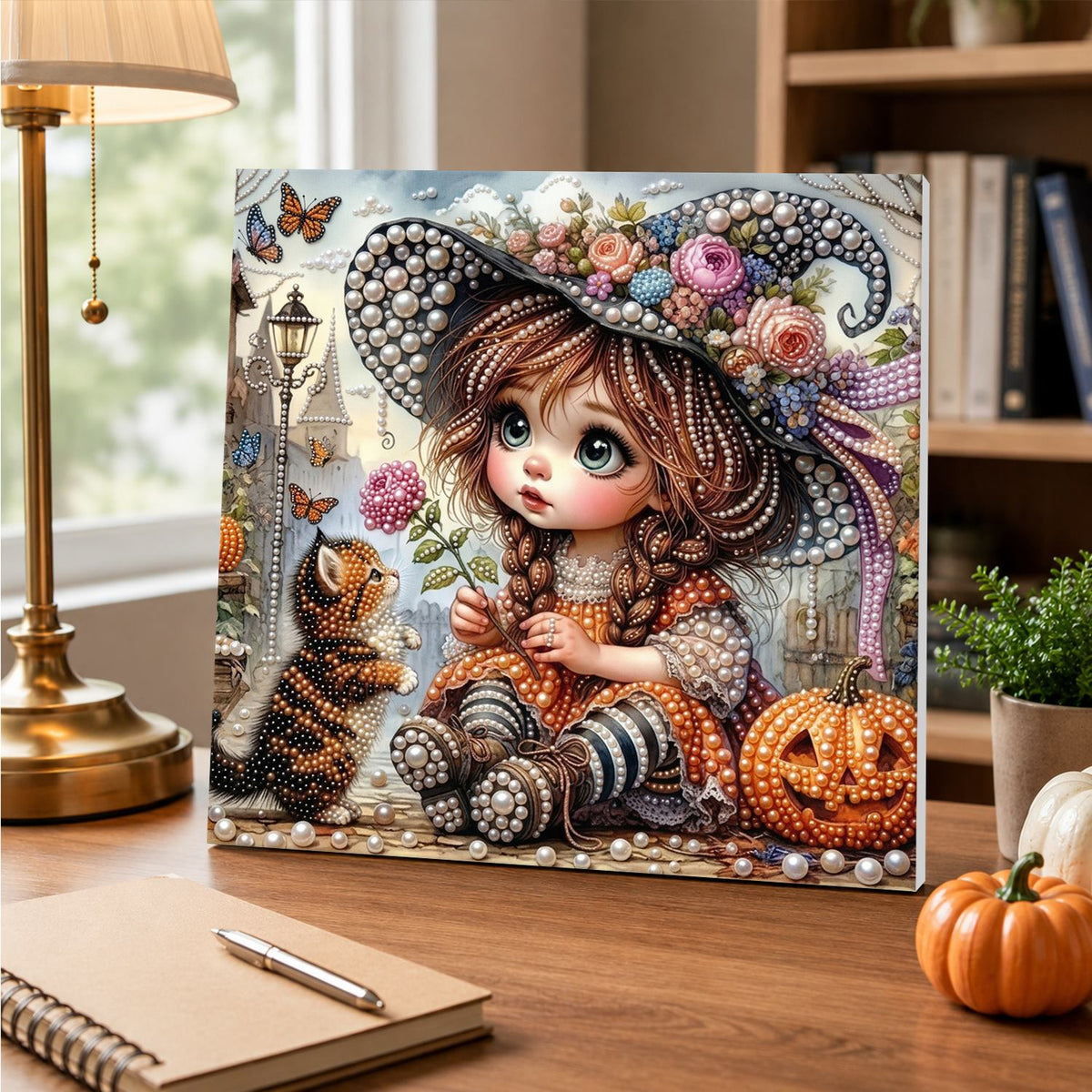 Big-Eyed Girl and Tabby Cat pearl painting – image 5