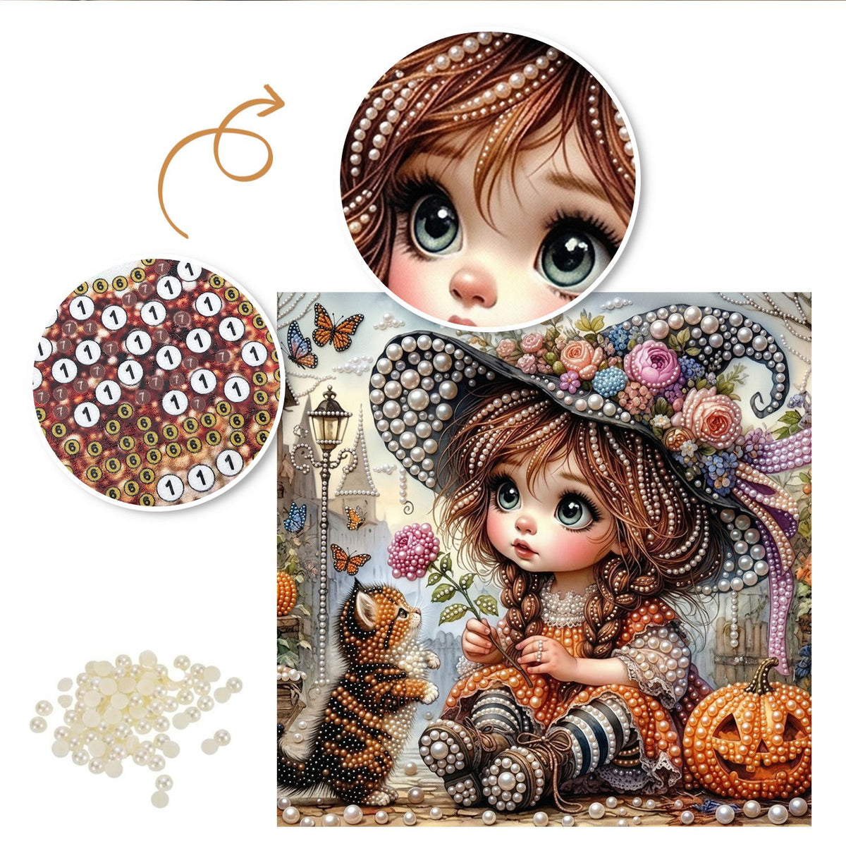 Big-Eyed Girl and Tabby Cat pearl painting – image 6