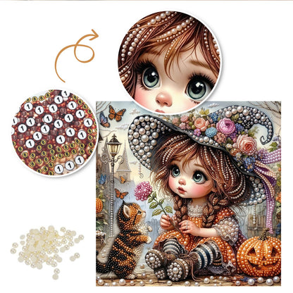 Big-Eyed Girl and Tabby Cat pearl painting – image 6