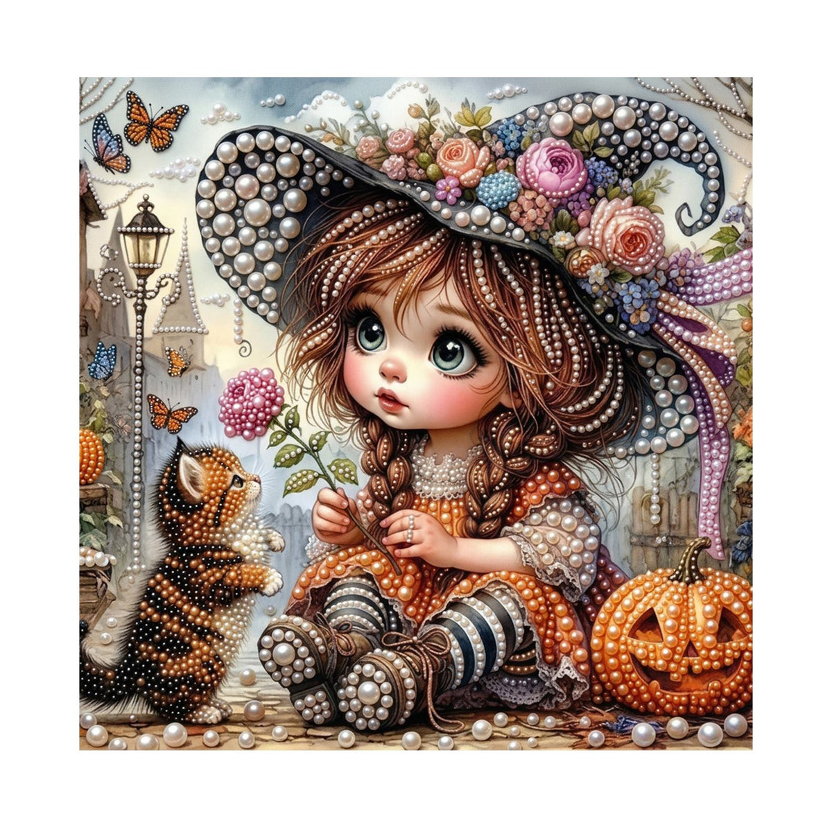 Big-Eyed Girl and Tabby Cat pearl painting – image 11