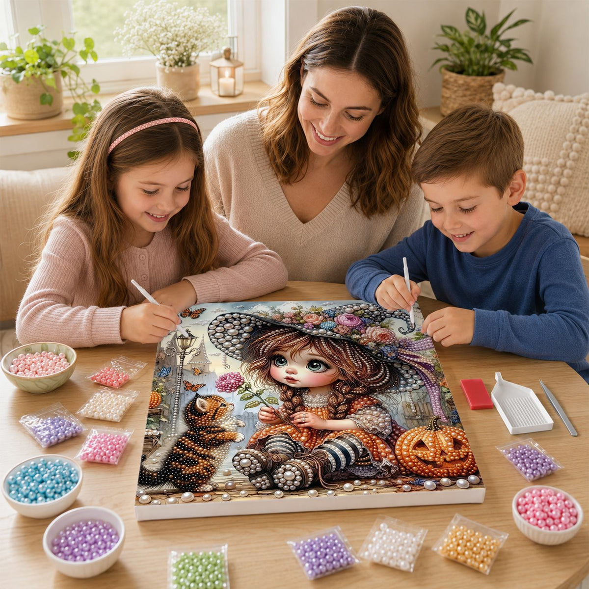 Big-Eyed Girl and Tabby Cat pearl painting – image 15