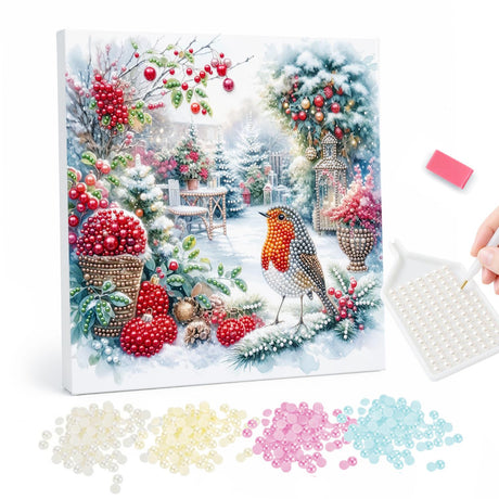 Christmas Robin in a Snowy Garden pearl painting – image 1