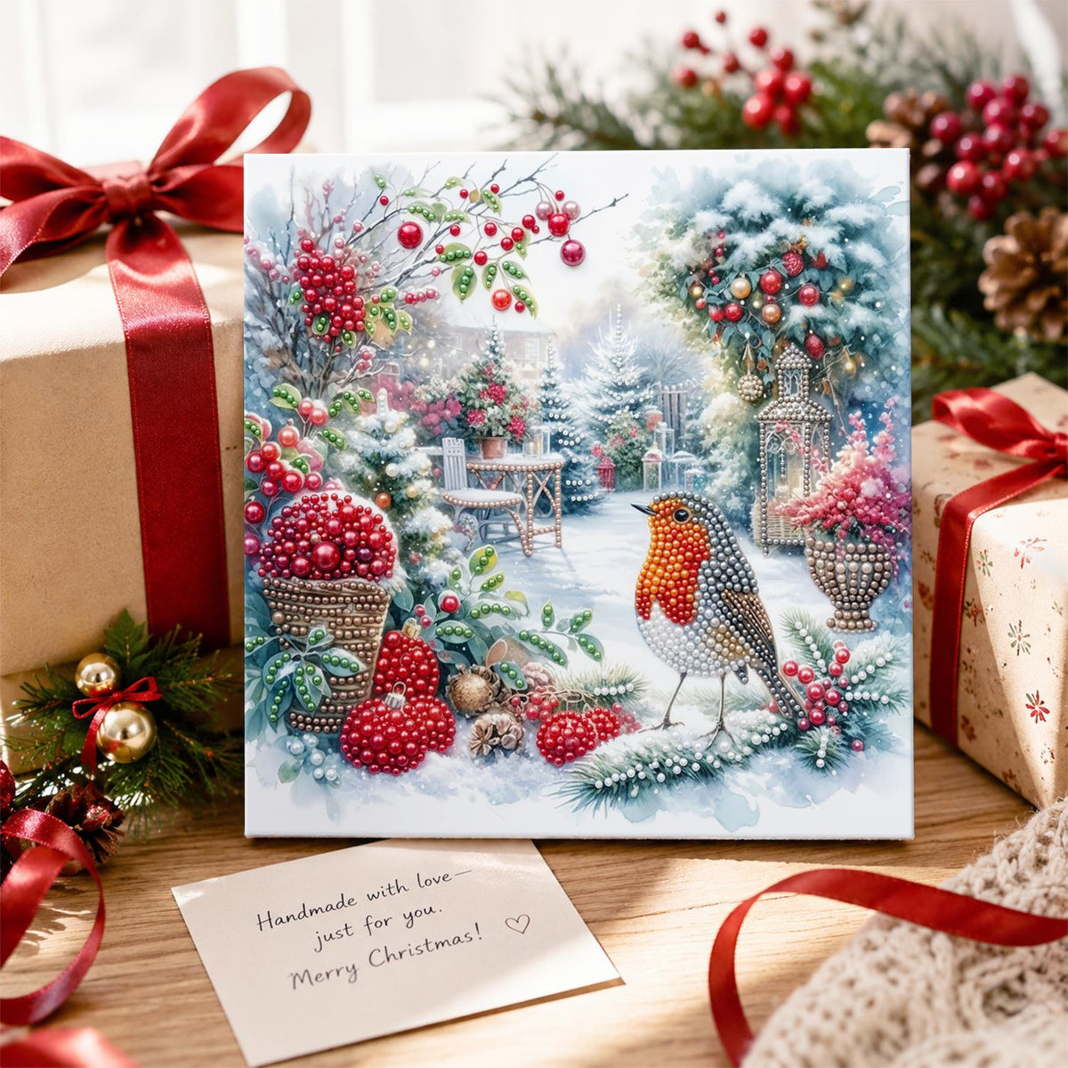 Robin in the Winter Rose Garden pearl painting – image 2