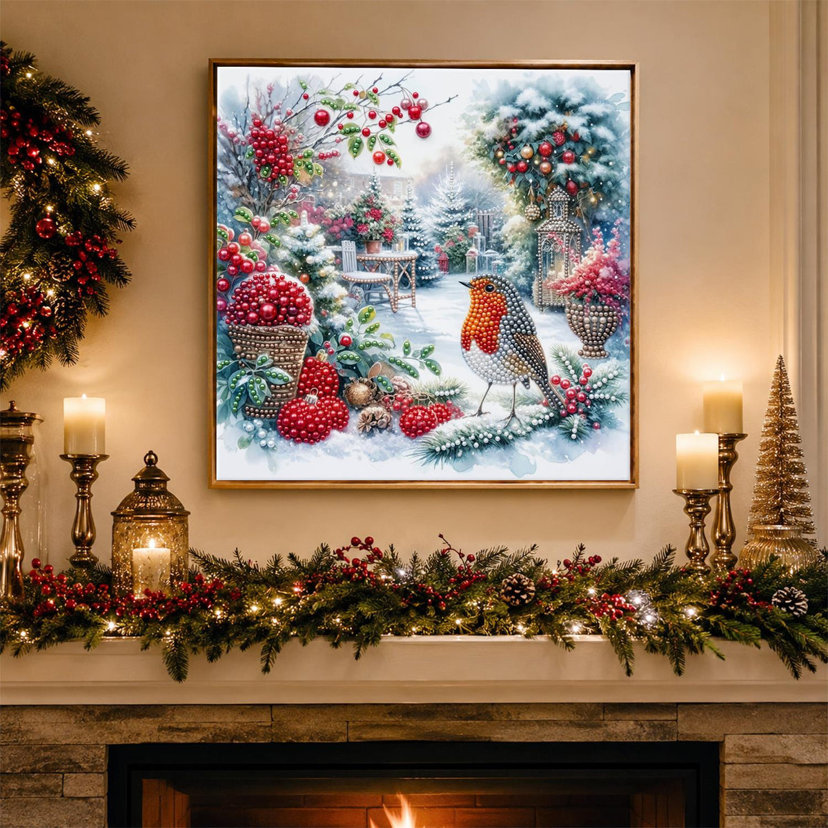 Robin in the Winter Rose Garden pearl painting – image 3