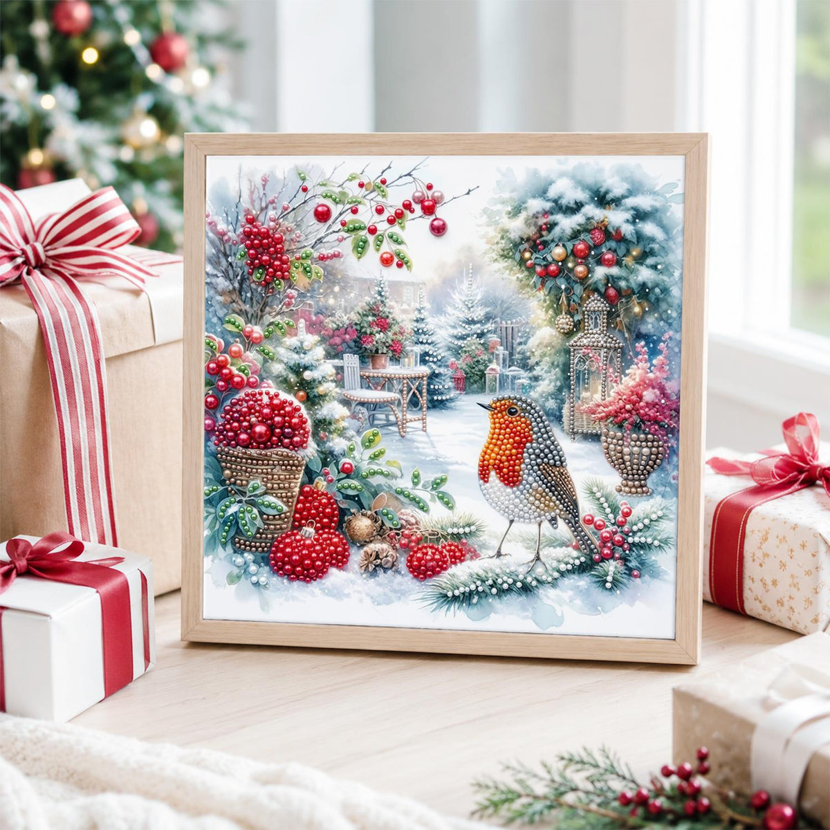 Robin in the Winter Rose Garden pearl painting – image 4