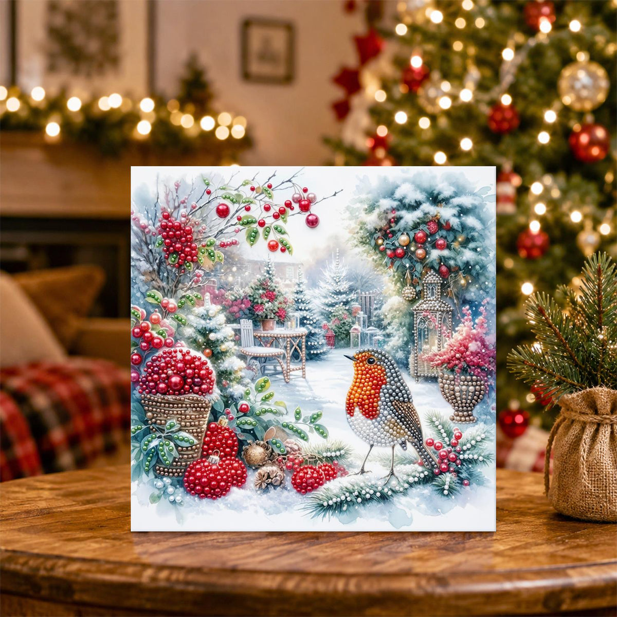 Robin in the Winter Rose Garden pearl painting – image 5