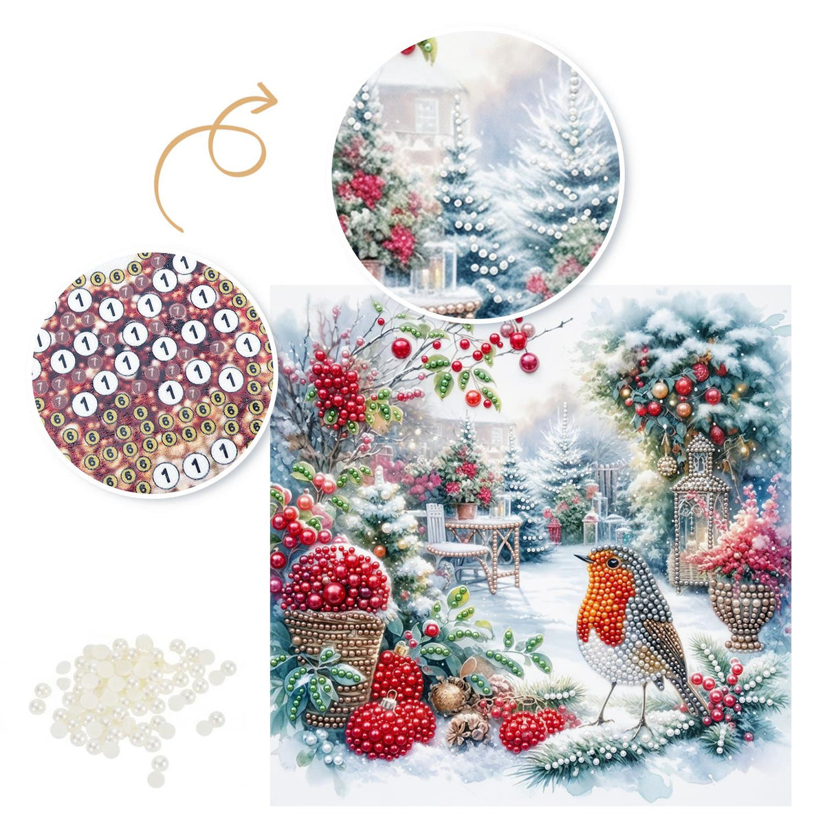Robin in the Winter Rose Garden pearl painting – image 6