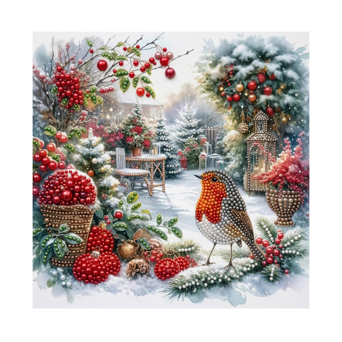 Robin in the Winter Rose Garden pearl painting – image 11