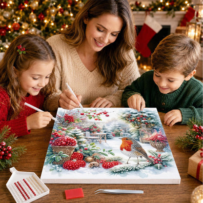 Robin in the Winter Rose Garden pearl painting – image 15