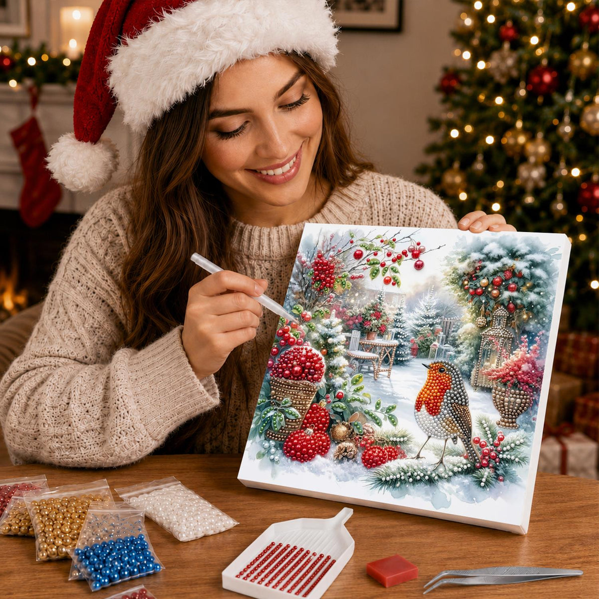 Robin in the Winter Rose Garden pearl painting – image 16