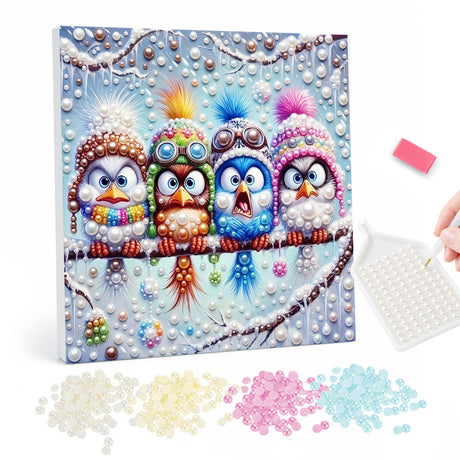 Four Festive Birds Winter pearl painting – image 1